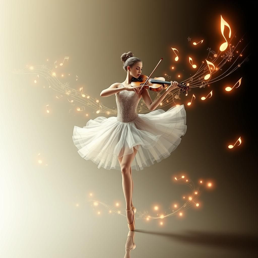 Ballerina Dancing and Playing Violin with Glowing Notes