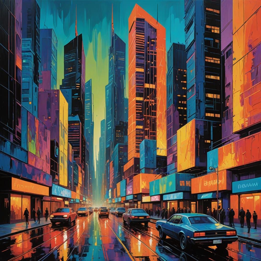 Retro-Futuristic Cityscape in Vibrant Oil Painting
