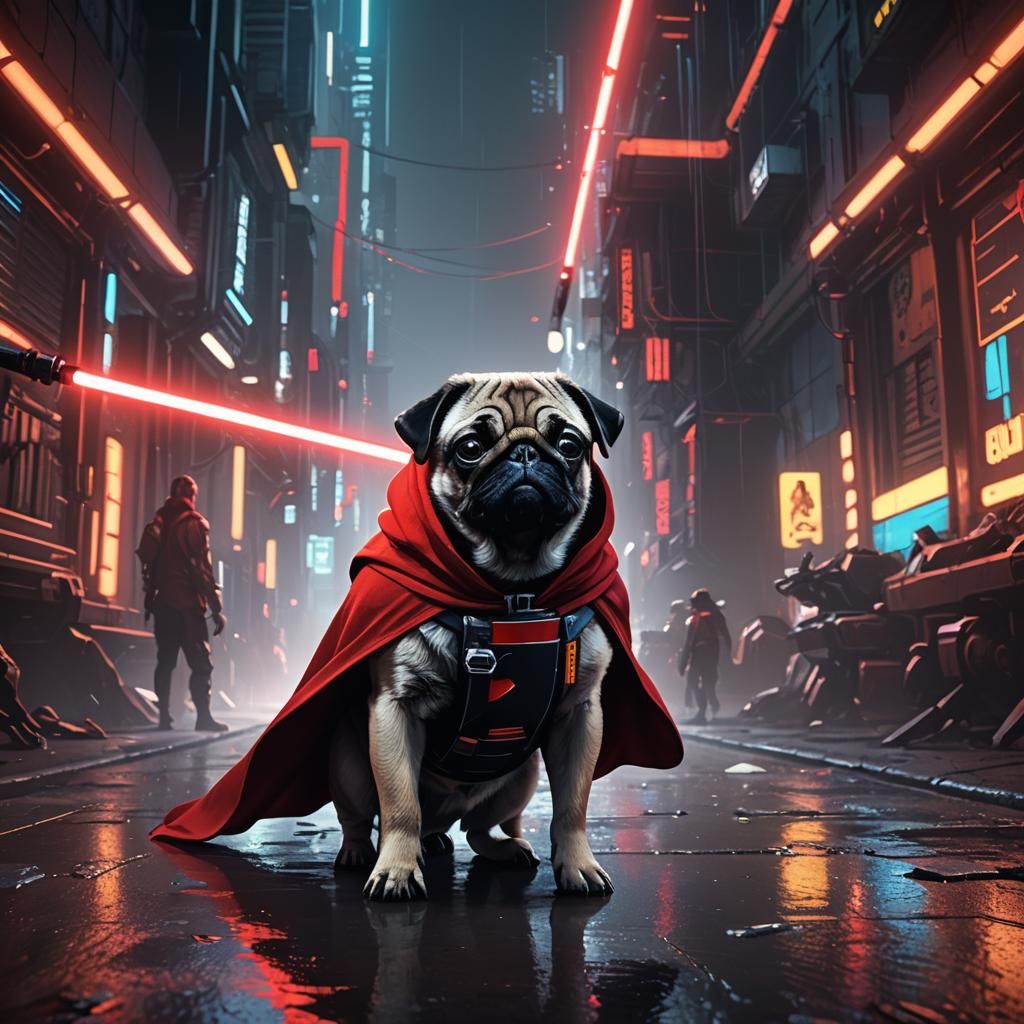 Pug Wielding Lightsaber in Sci-Fi Cityscape