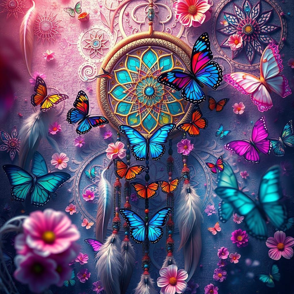 Dreamcatcher Amidst Vibrant Butterflies in Whimsical Native....