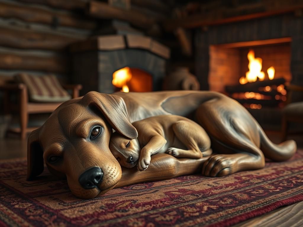 Hyperrealistic Wooden Dog Sculpture with Puppy