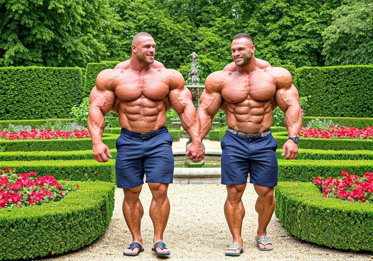 Muscular Bodybuilders Stroll Through a Lush English Garden