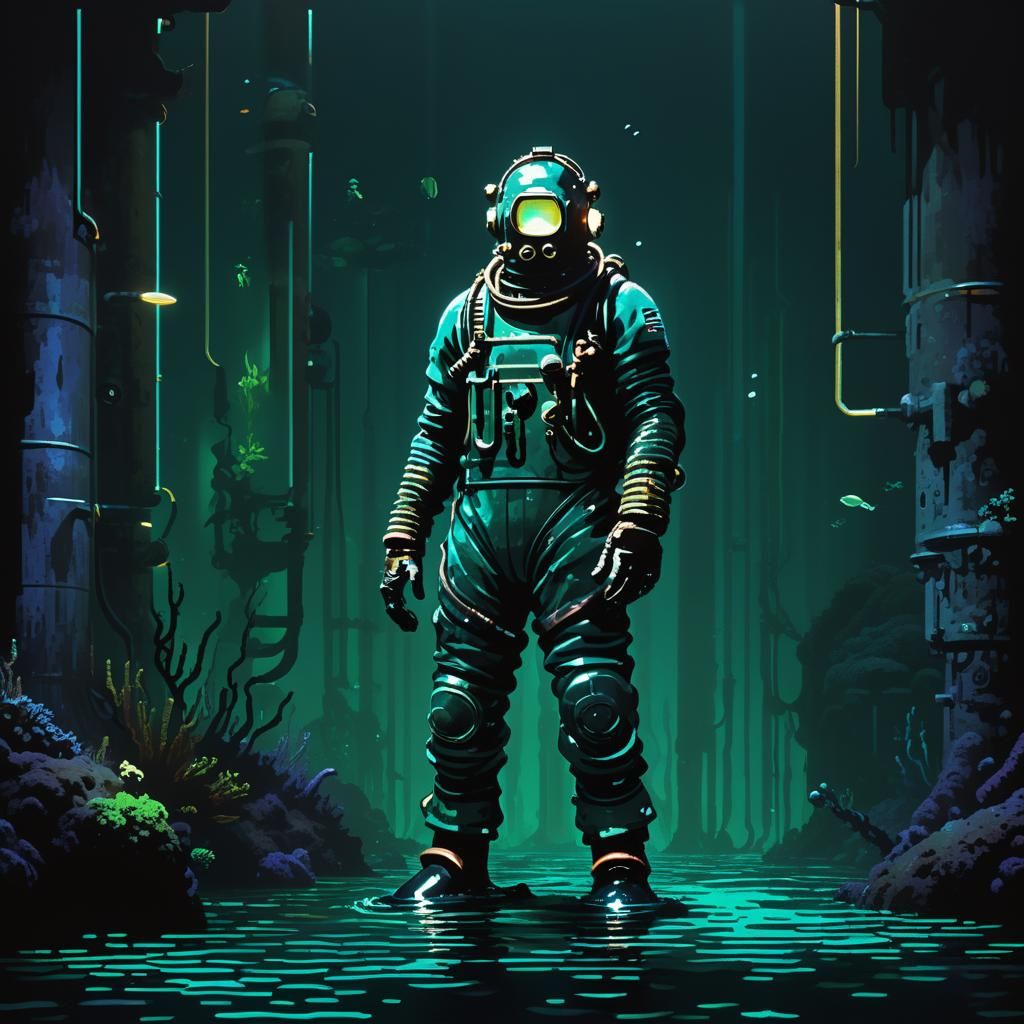 Eerie Diver Near Submerged Pipeline in 16-bit Style