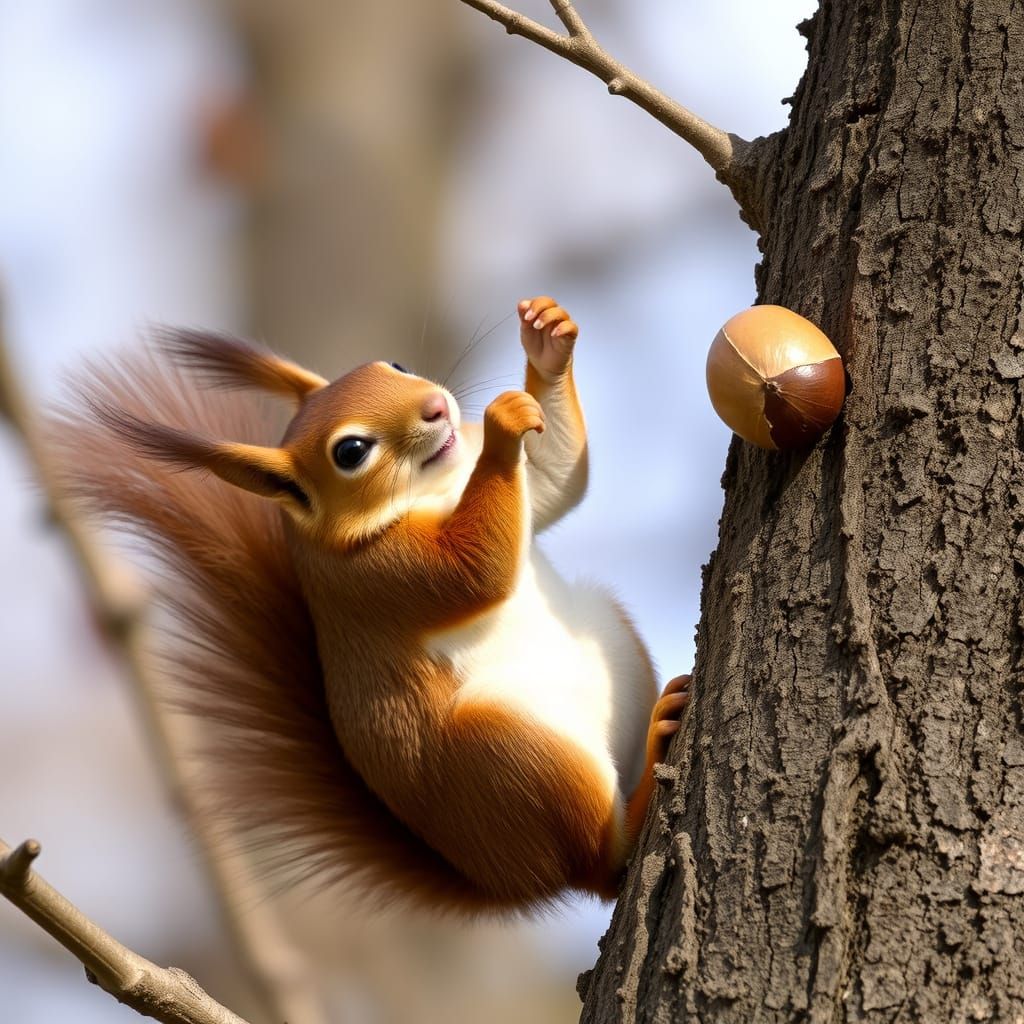 Squirrel Struggles to Reach Hazelnut in Tree