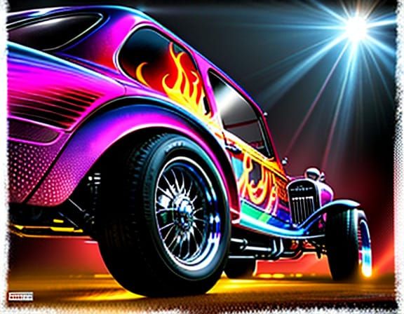 Vibrant Inferno Hot Rod in Cinematic, Expressive Brushstroke...