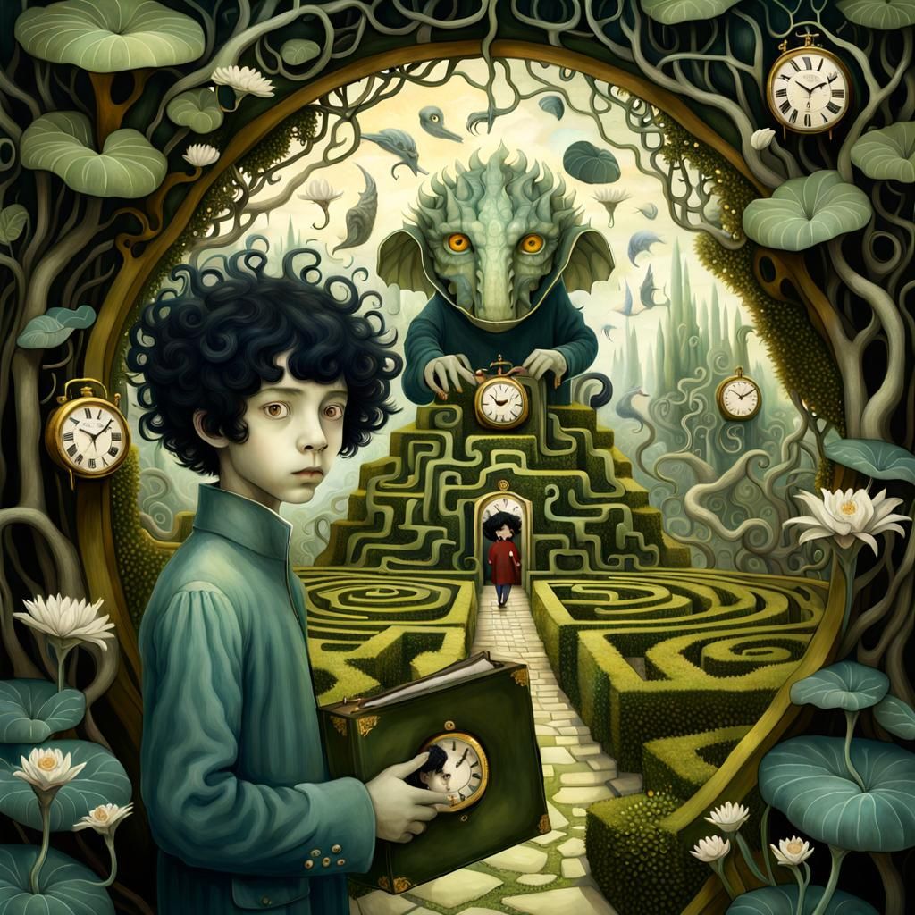 Dream Garden Maze with Dragons in Surreal Watercolor