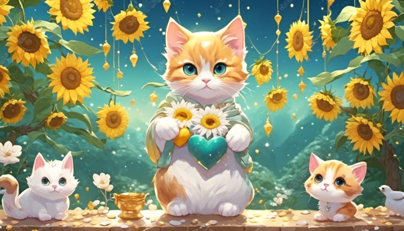<lora:eye:1.0> uffy cats,chibi cat sitting sunflower spring scene, birds diamond white hanging laterns hearts