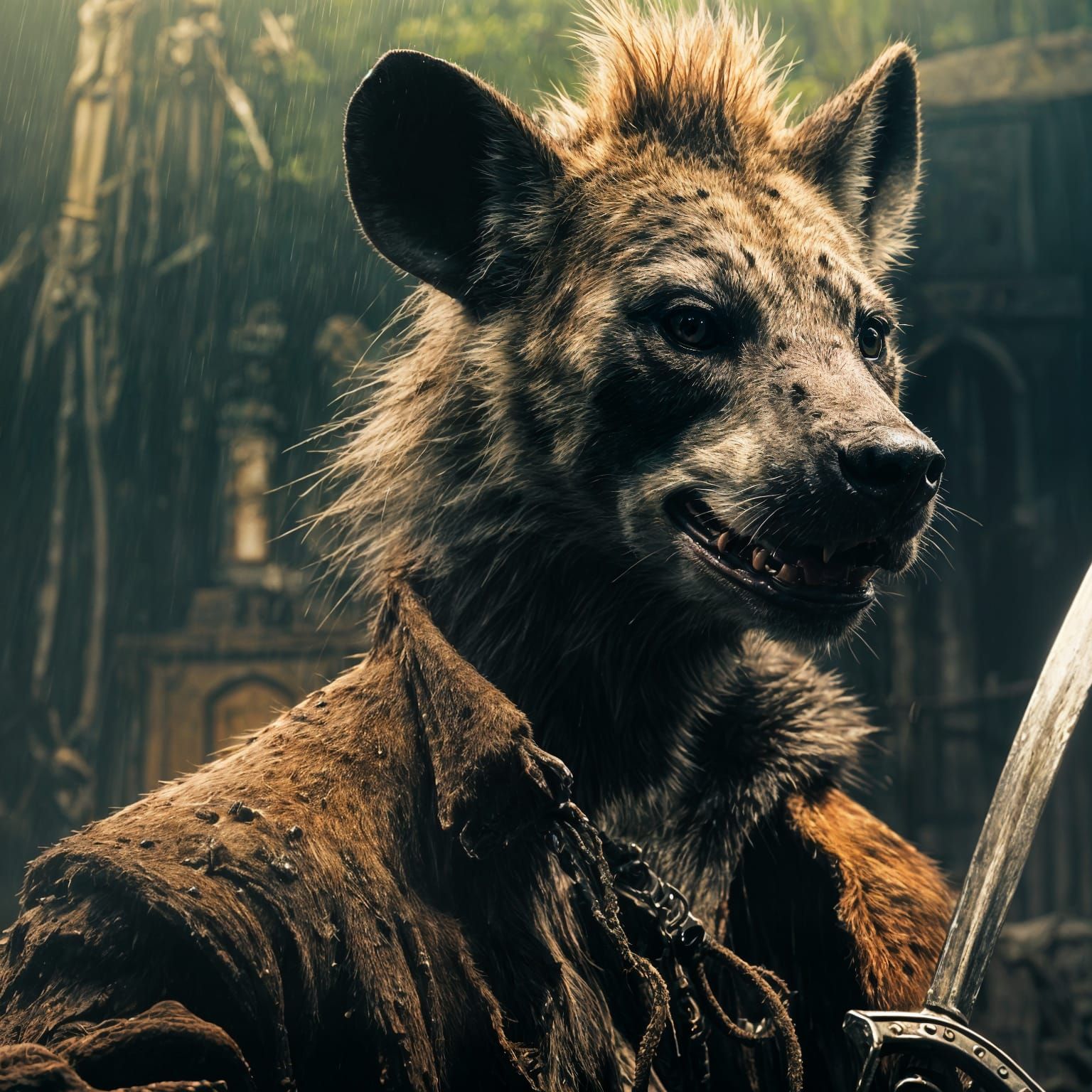 Hyena Pirate Duel in Tormenting Rain, Dark Fantasy Style