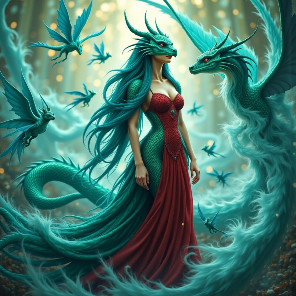 Emerald and Ruby Dragoness in Whimsical Vortex