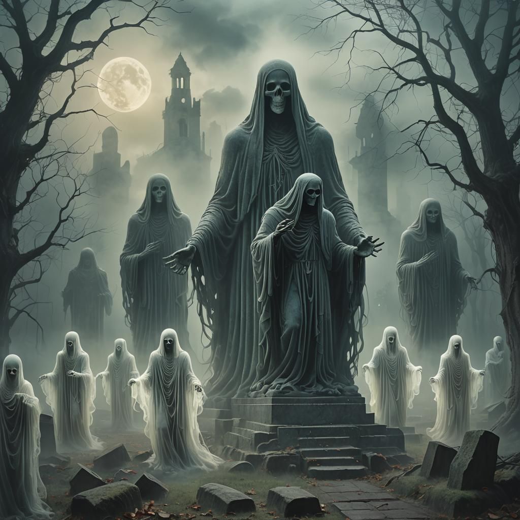 Ethereal Ghosts Gliding Through Ancient Graveyard