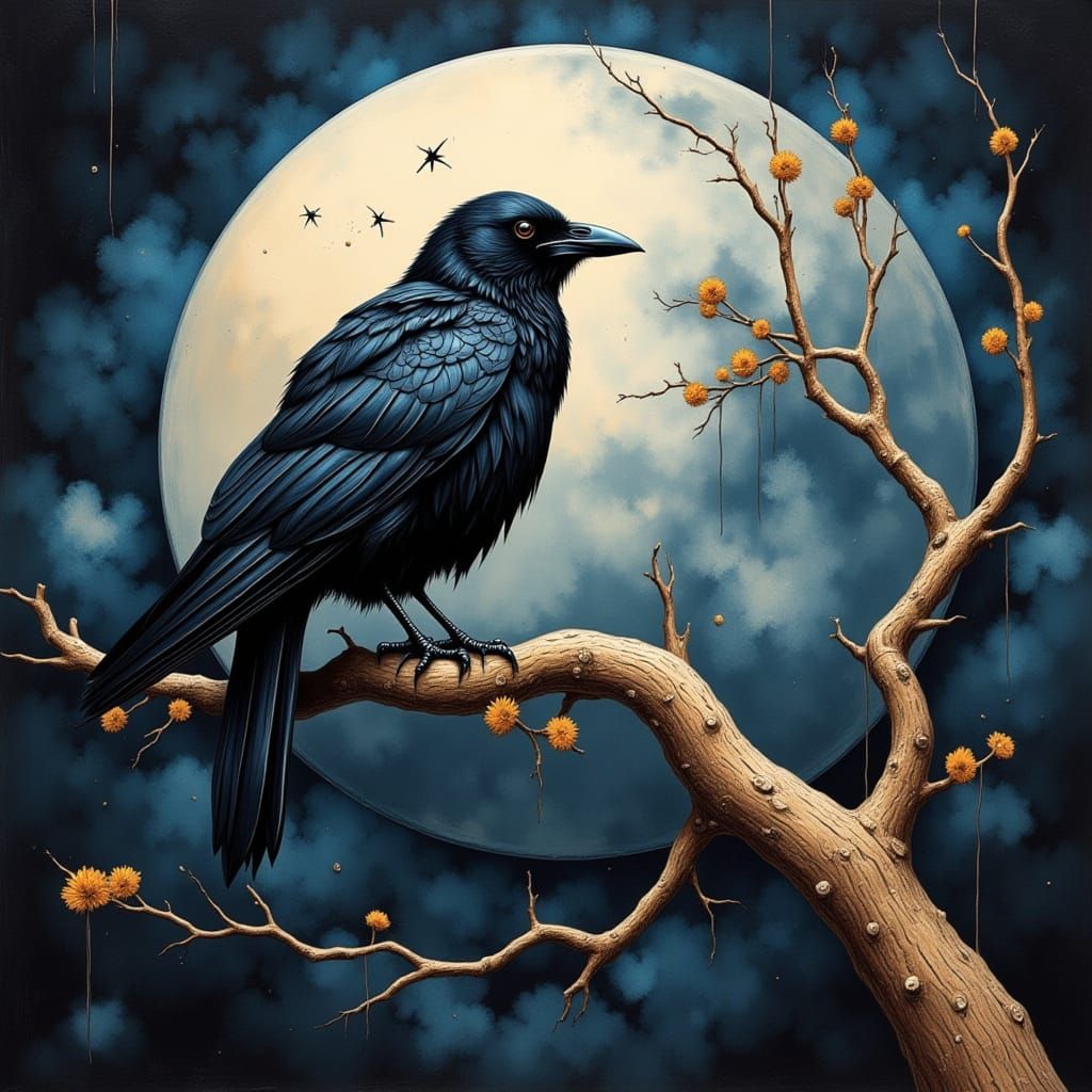 Crow on Branch Under Full Moon in Oil Painting Style