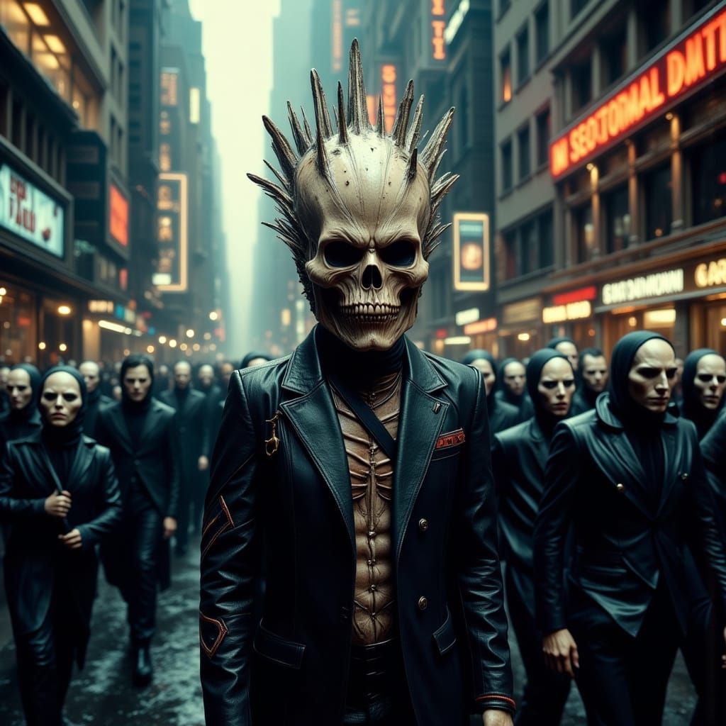 Workers in Skull Masks Dystopian Metropolis