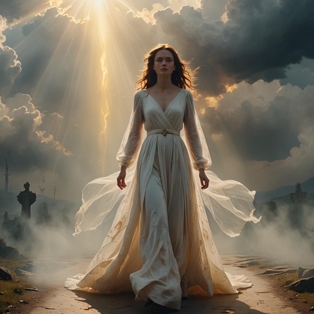 Woman Walks from Darkness to Light as Oil Painting