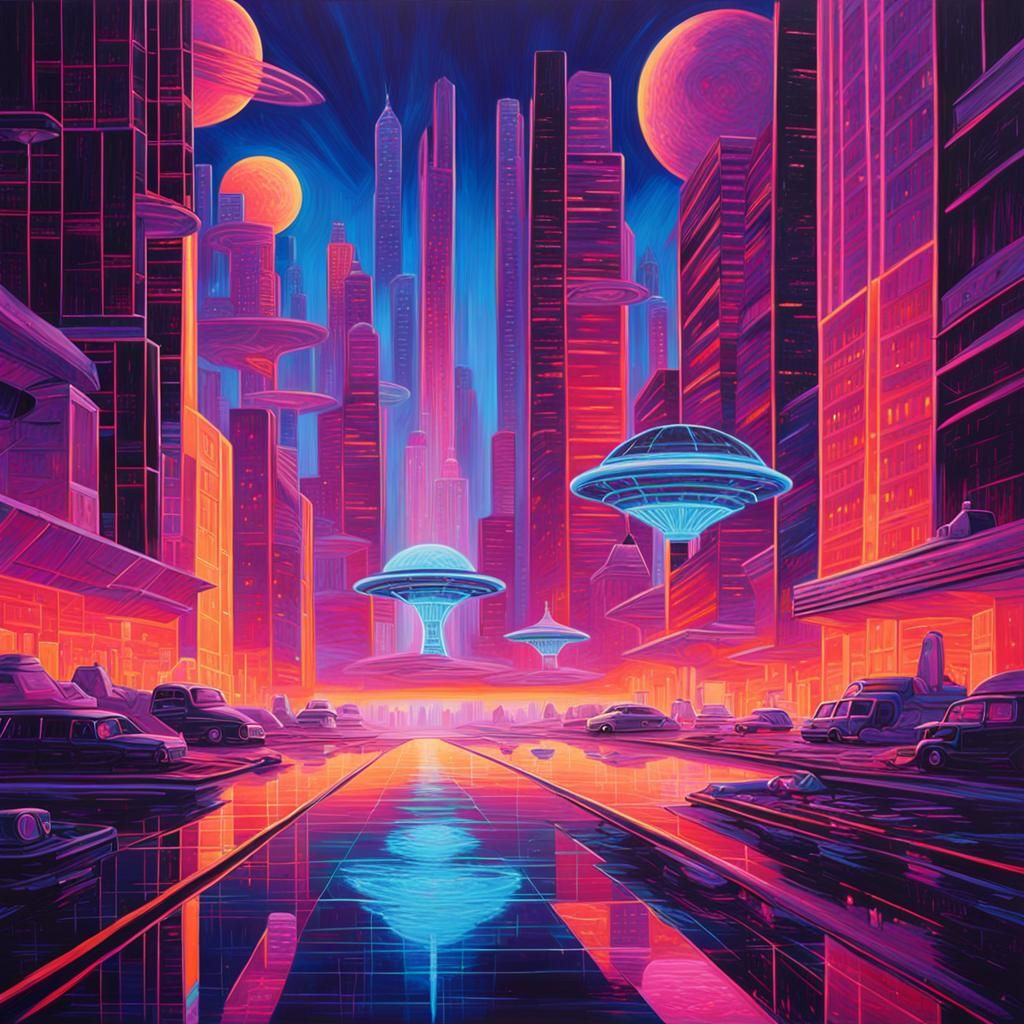 Synthwave Teleportation Station in Kaleidoscopic Cityscape