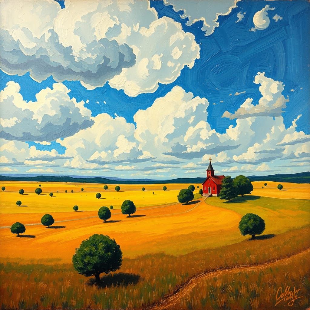 Impressionist Plain Landscape with Church in Van Gogh Style