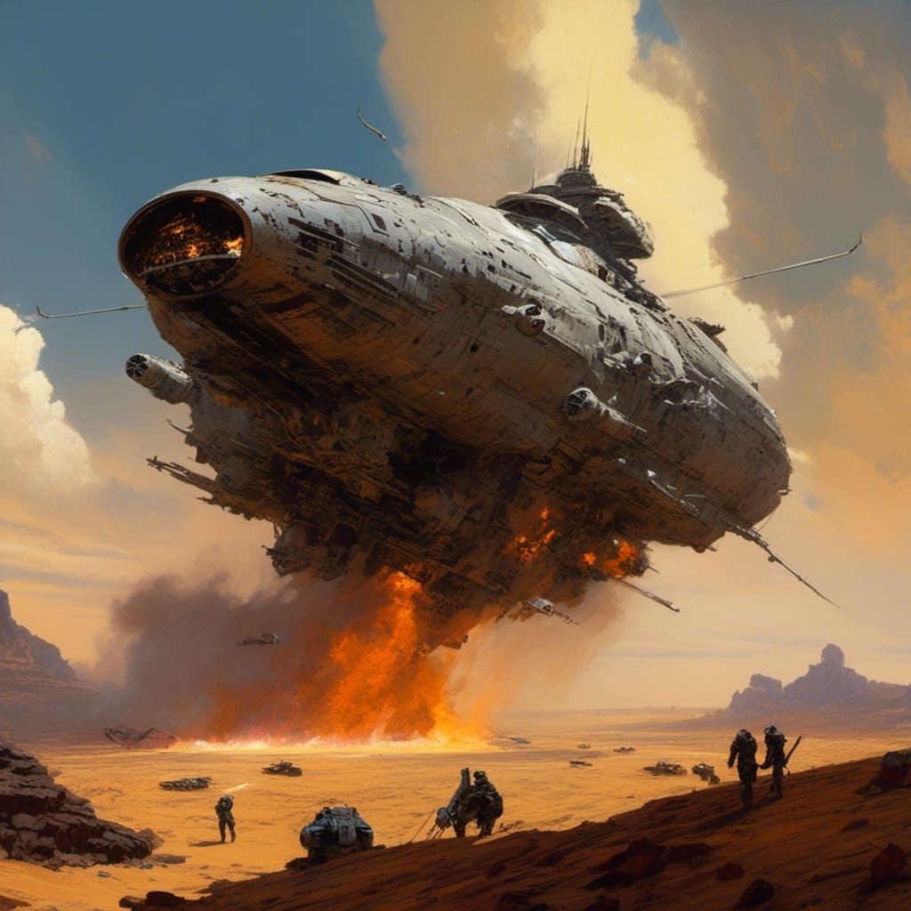 Spaceship Crash on Alien Planet, Digital Oil Painting