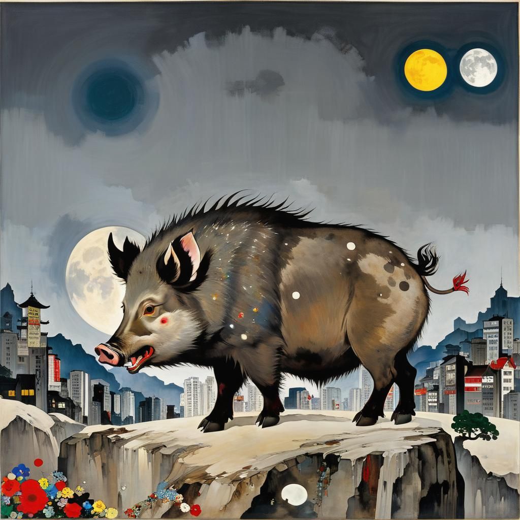 Wild Boar Howling in Grey Megalopolis, Murakami Style