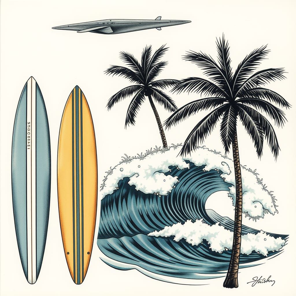 Surf Tattoos in Hyperrealistic Cinematic Style