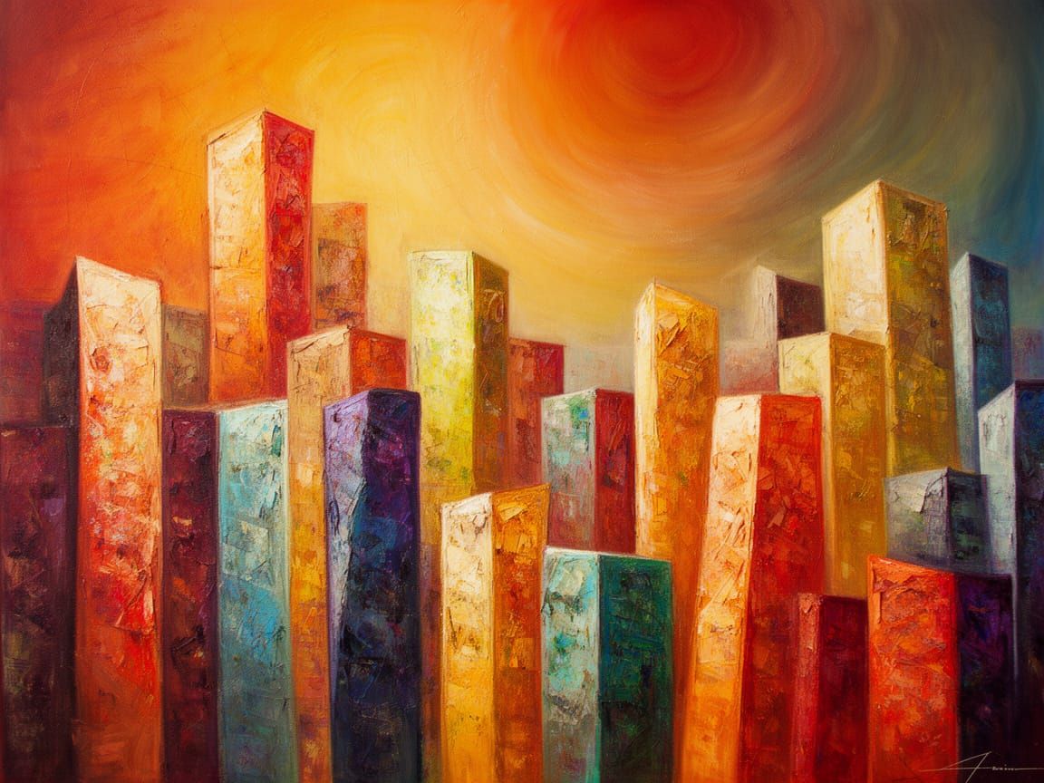 Vibrant Abstract Cityscape with Textured Buildings