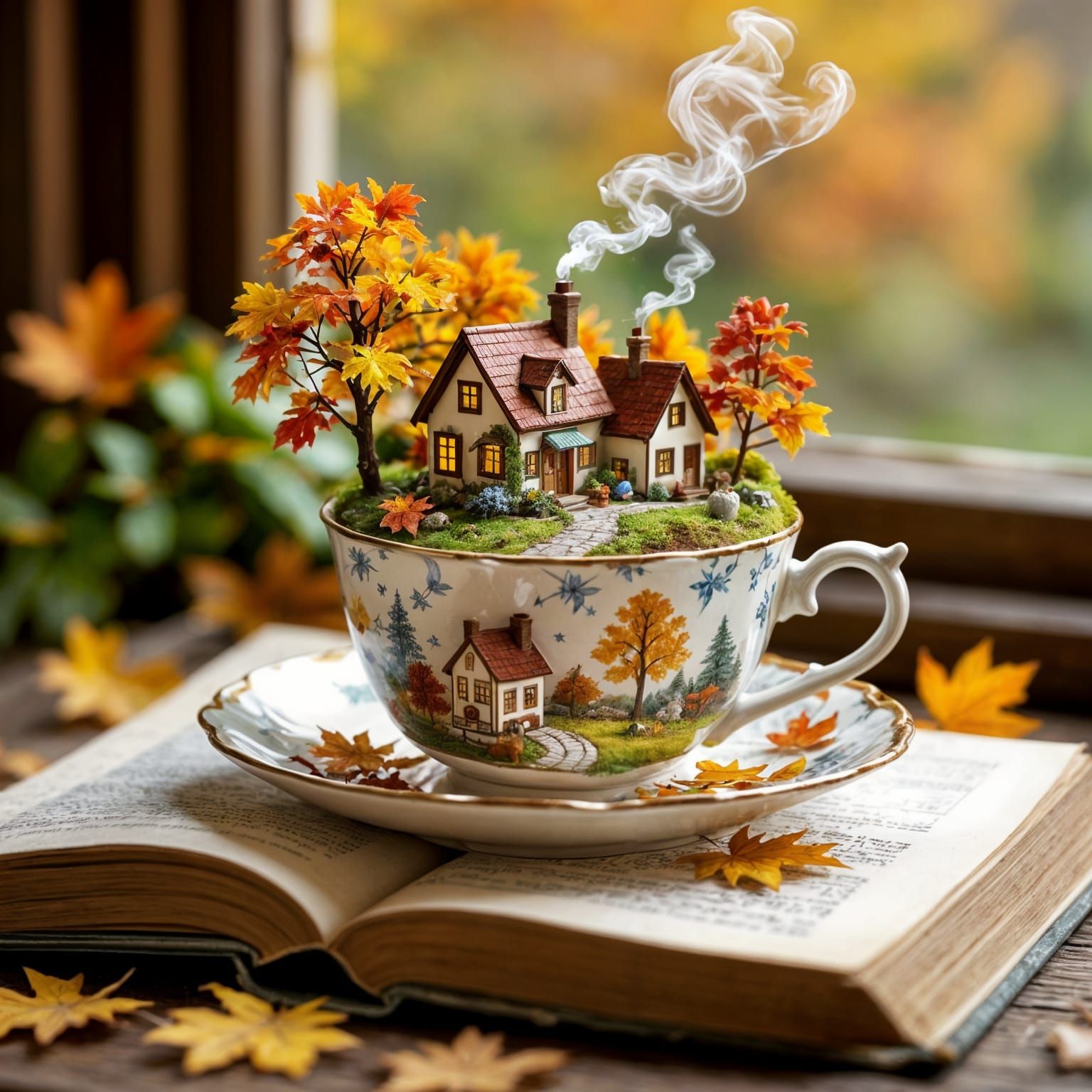 Cozy Village Inside Antique Teacup in Autumn Colors