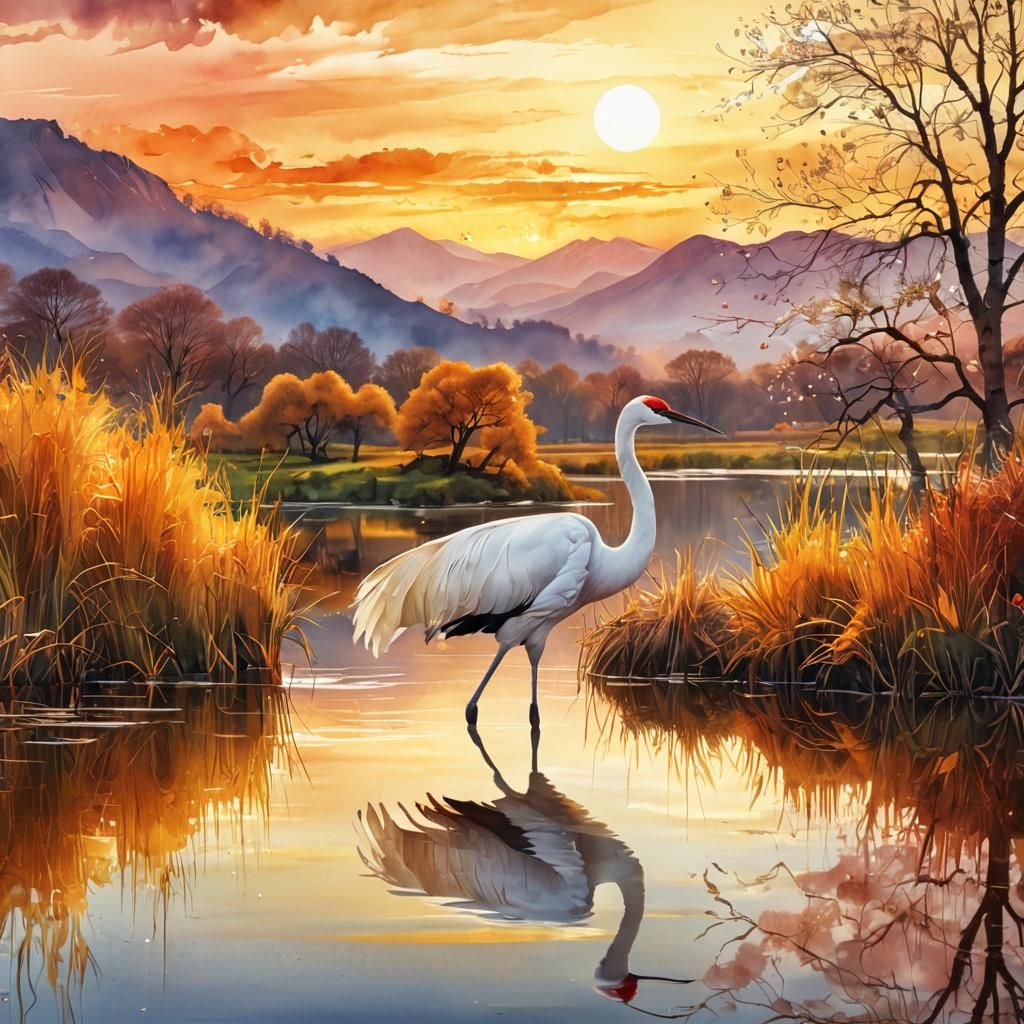 Crane in Spring Sunset: Digital Watercolor Illustration
