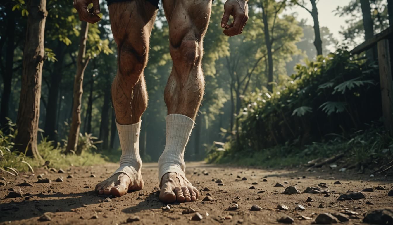 Muscular Legs and Bare Feet in Hyperrealistic Style