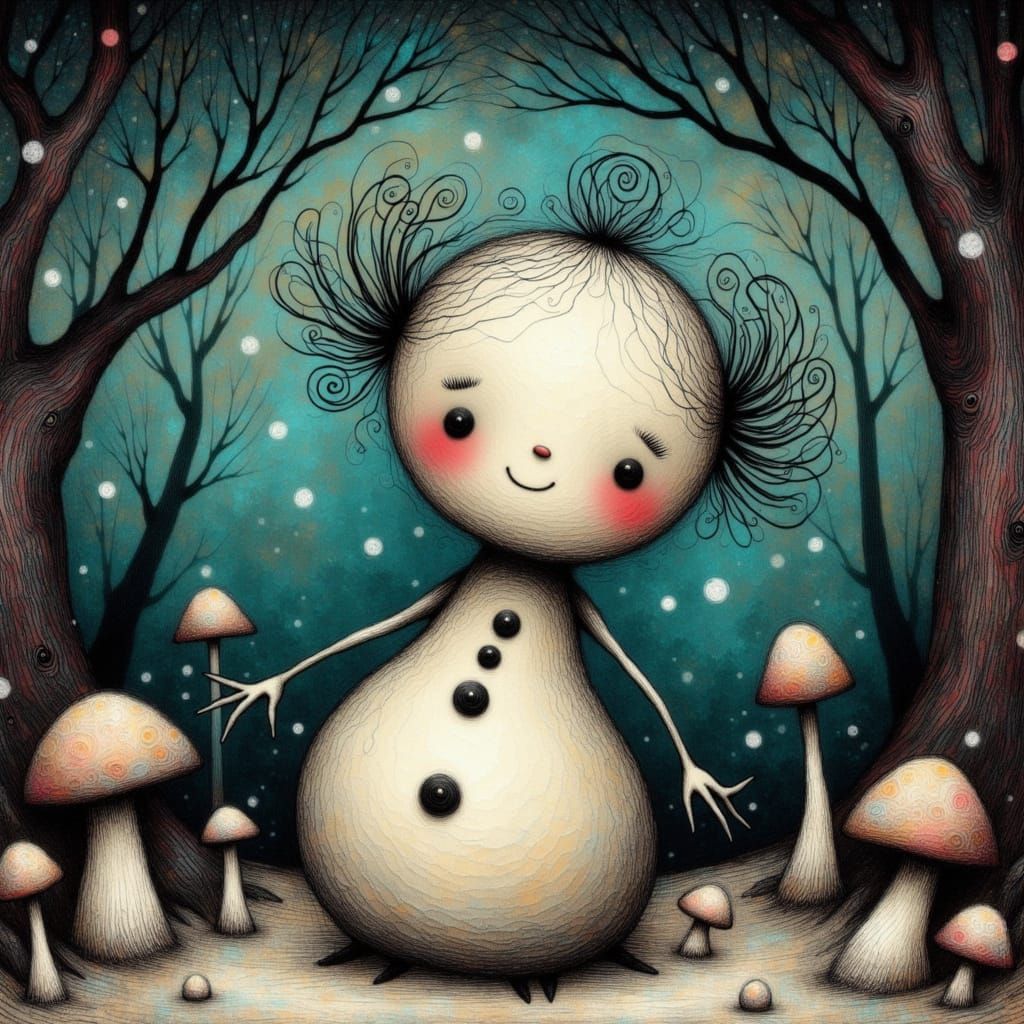 Felted Snowman in Magical Fairytale Forest