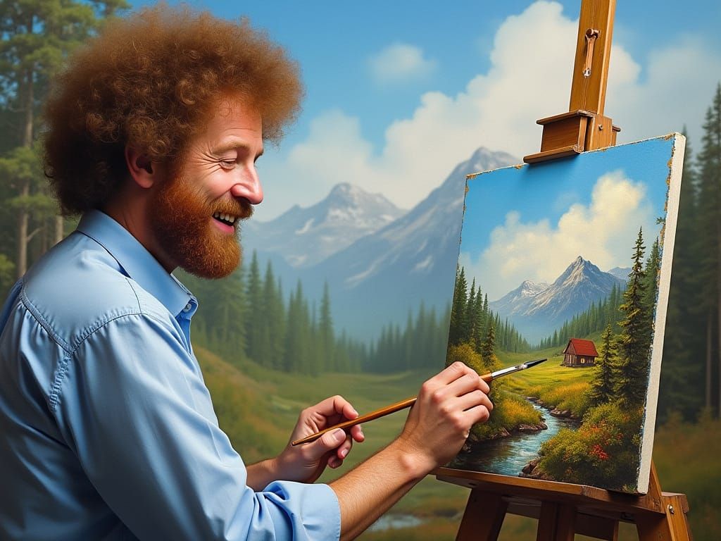 Bob Ross painting a Happy Little Landscapes
