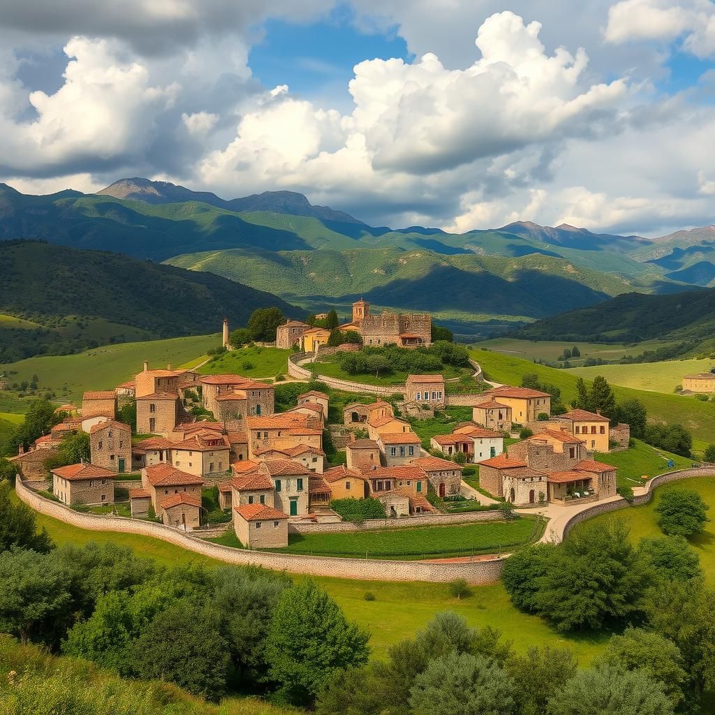 Picturesque Spanish Village in Rolling Hills Landscape