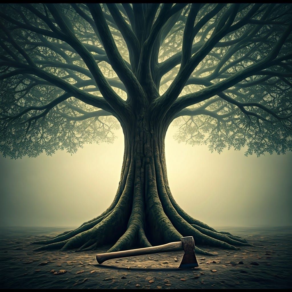 Majestic Tree with Axe: A Cinematic Still
