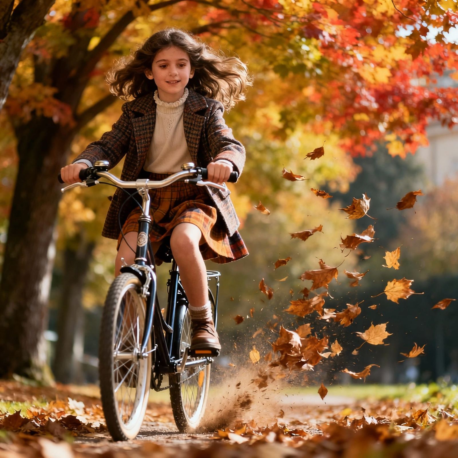 Girl on Bicycle in Autumn Leaves, Professional Photo Style