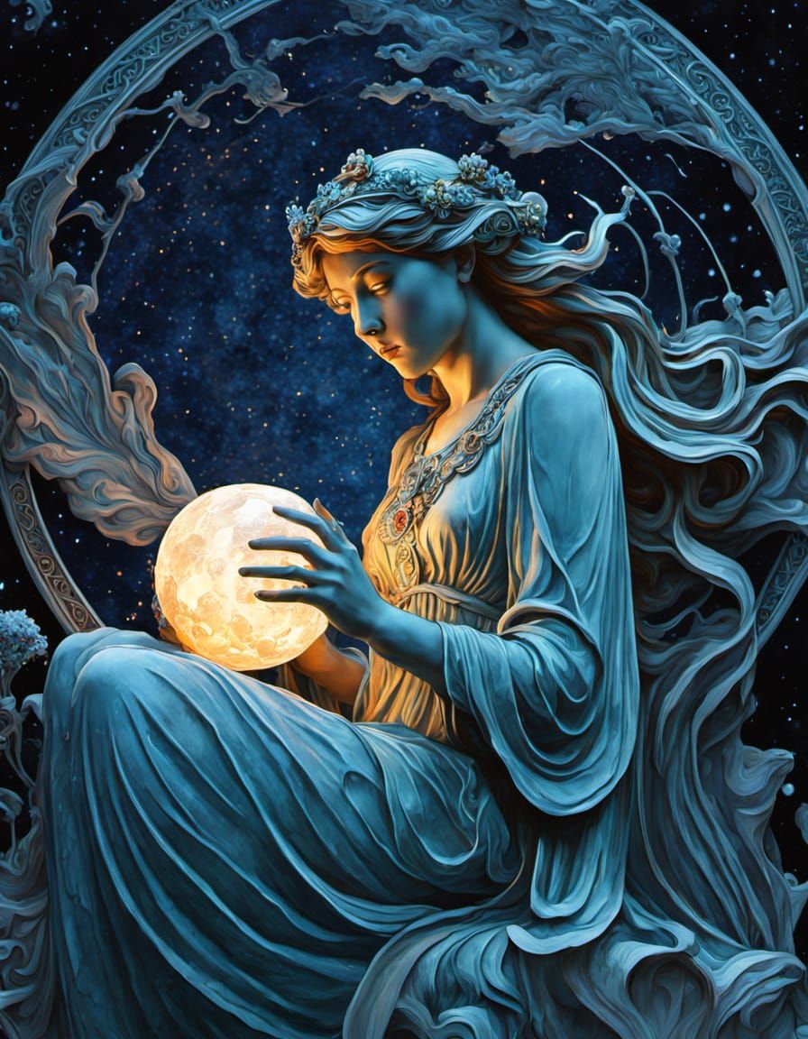 Celestial Goddess Carved From Asteroid in Art Nouveau Style