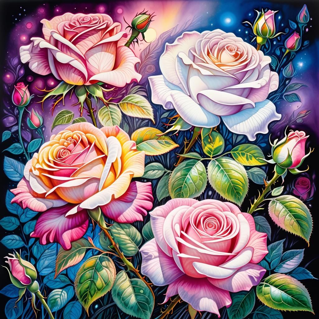 Botanical Ink Drawings of Roses in Pink and White