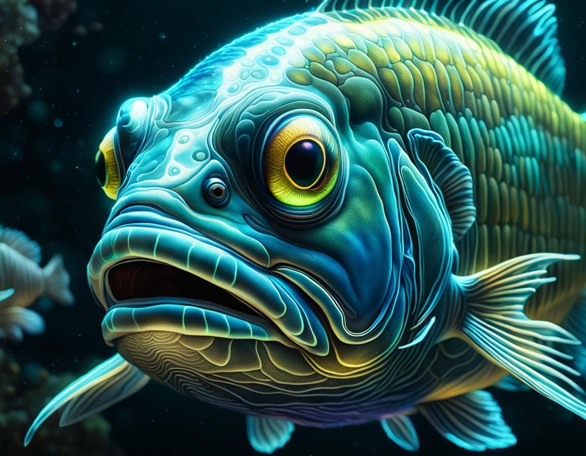 Bioluminescent Giant Fish looking head on close up to the ca...