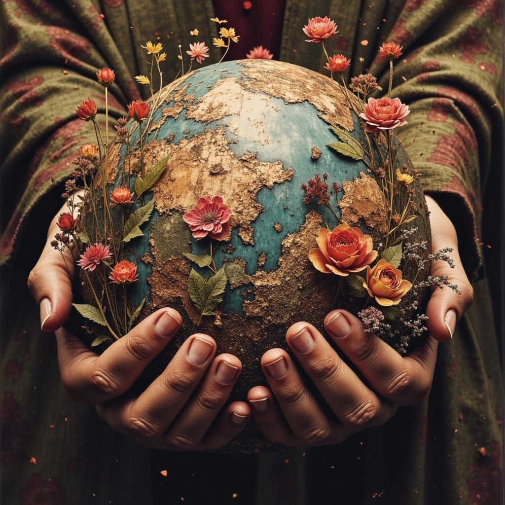 Ethereal Figure Cradling Earth in Retro-Futuristic Landscape