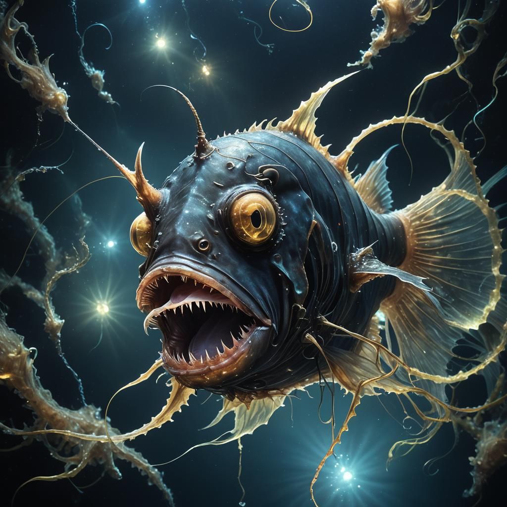 Bioluminescent Anglerfish in Mariana Trench: Dark Surrealism