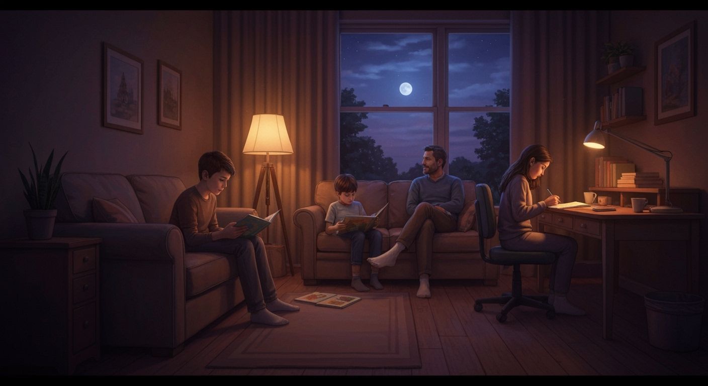 Cozy Family Evening at Dusk with Moonlit Window