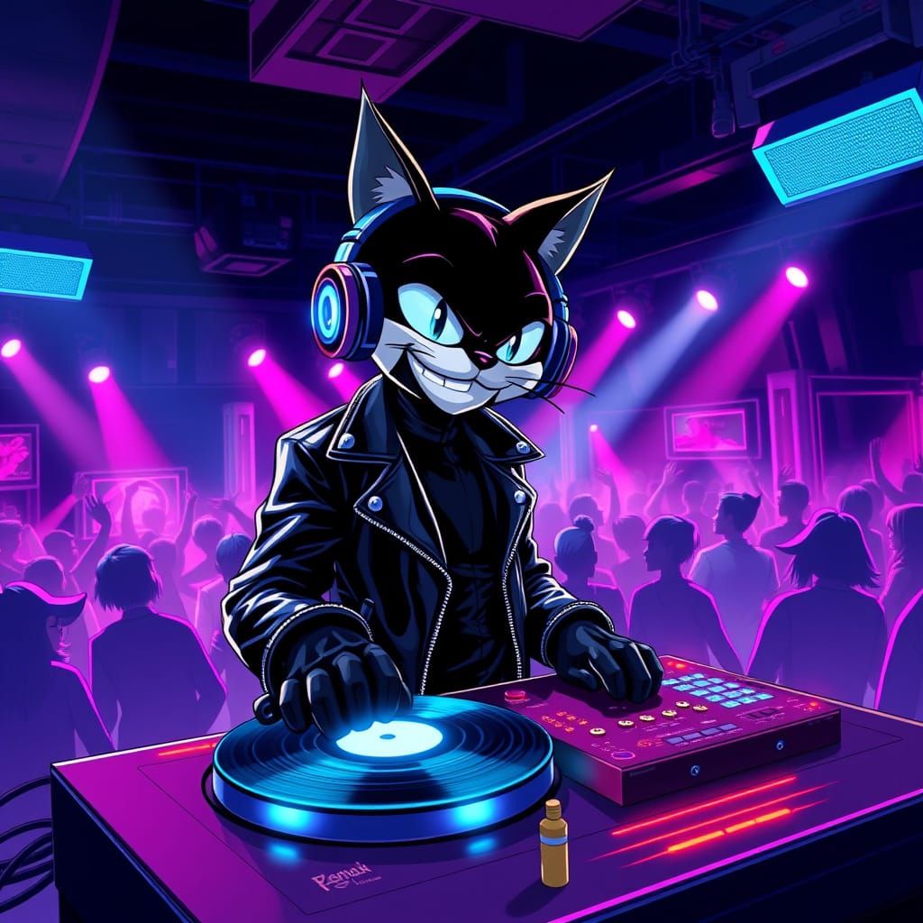Futuristic Felix Cat Rules Neon Nightclub DJ Booth