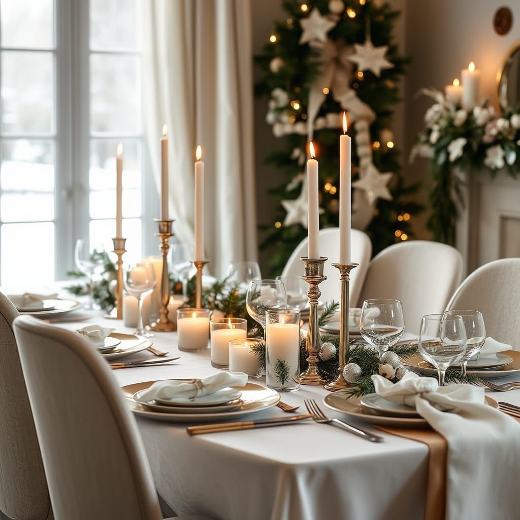 Elegant Winter Party Table Setting with Candles