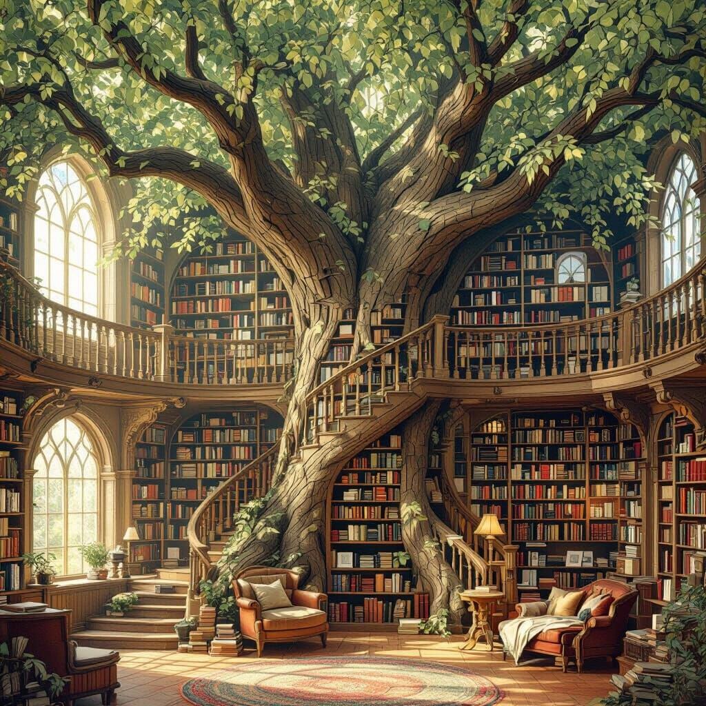 Ethereal Tree Library in Pre-Raphaelite Style