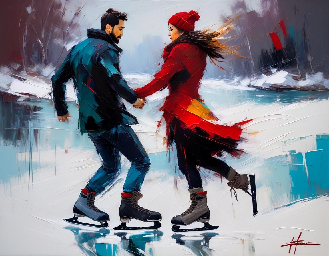 Couple Ice Skating: Abstract Expressionist Oil Painting