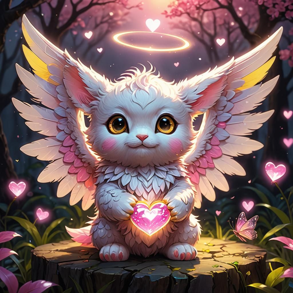 Cute Fantasy Animal Holding a Radiant Heart