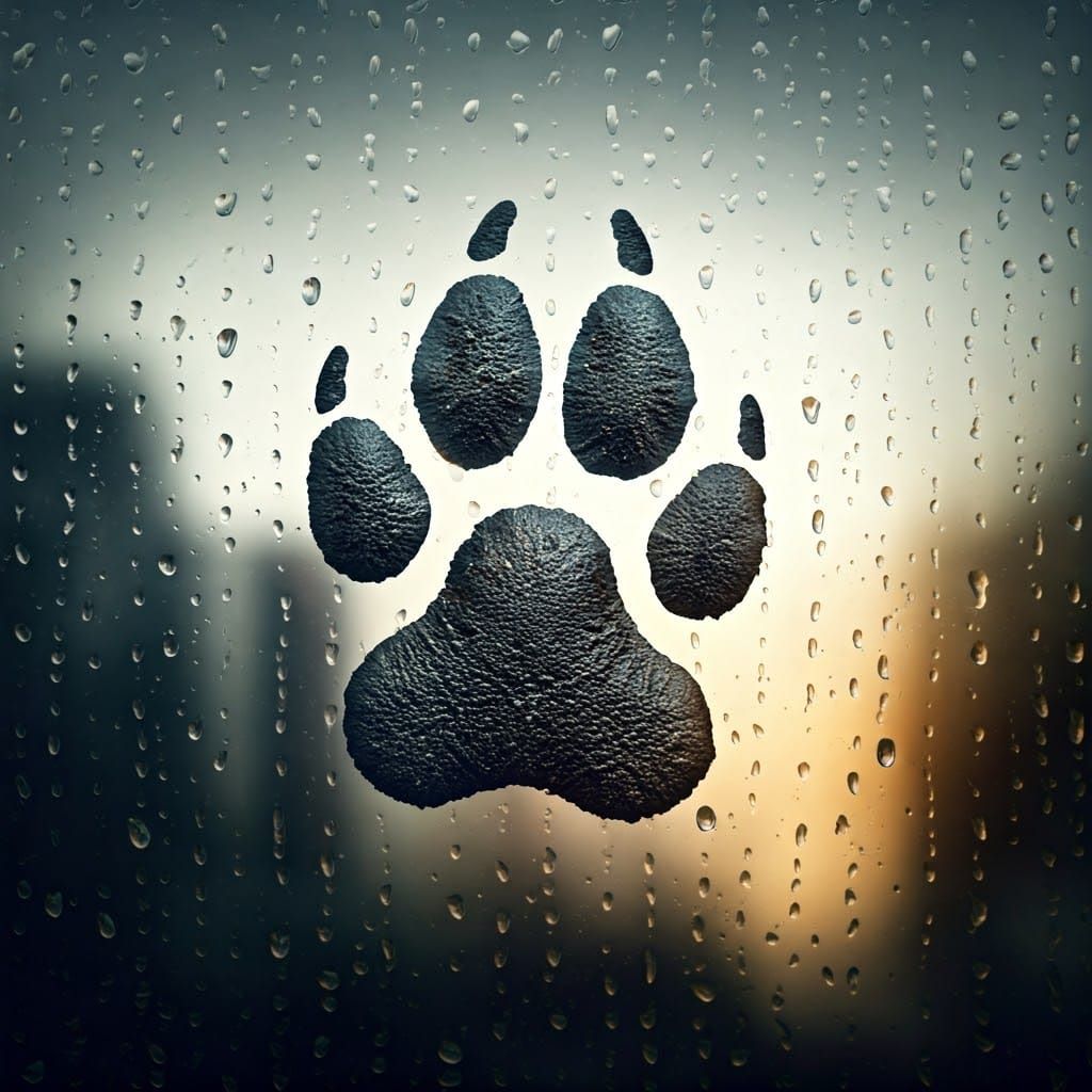A Dog's Paw Print on a Rainy Windowpane in Distorted Reflect...