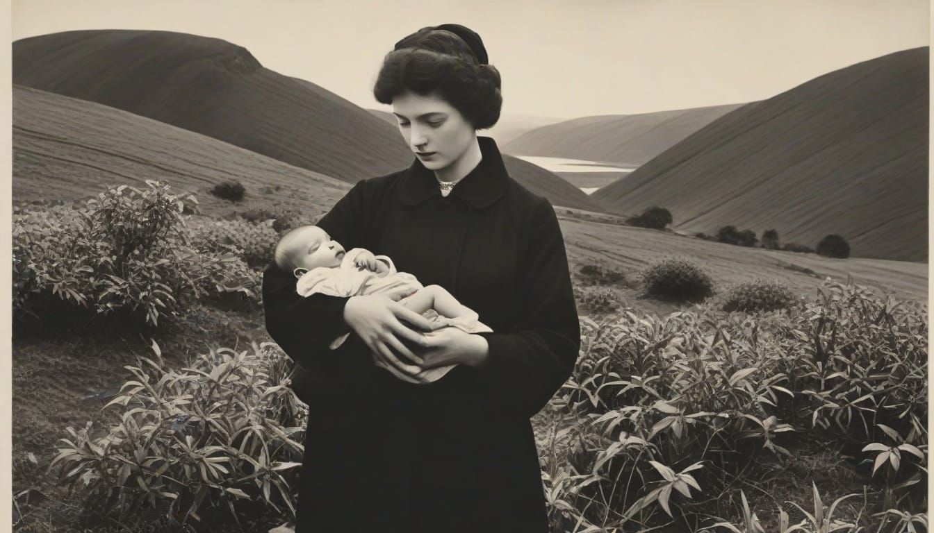 Surreal Photogravure of Person Holding Baby in Landscape