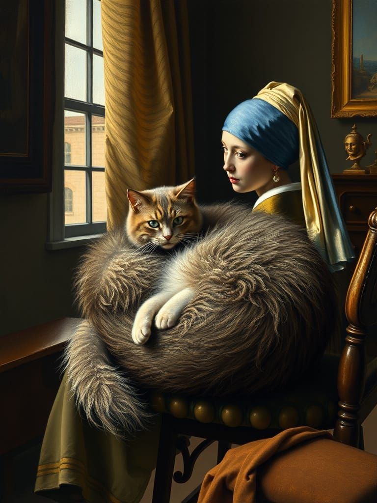 Girl with Pearl Earring and Cat in Vermeer Style