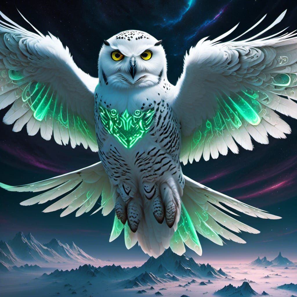 Snowy Owl with Laser Eyes Over Aurora
