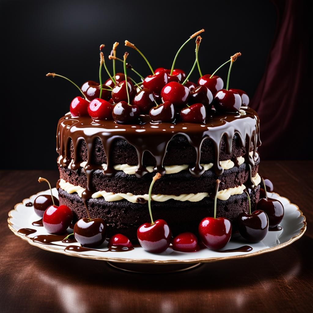 Opulent Chocolate Cherry Bavarian Cake Still Life