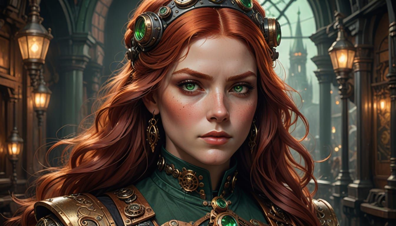 Steampunk Princess with Vibrant Green Eyes in Intricate Deta...