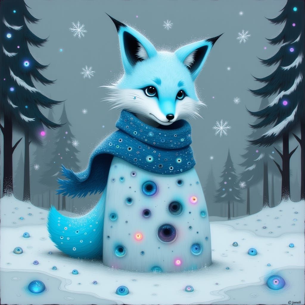 Icy Blue Fox Kit Builds Snowman in Winter Wonderland