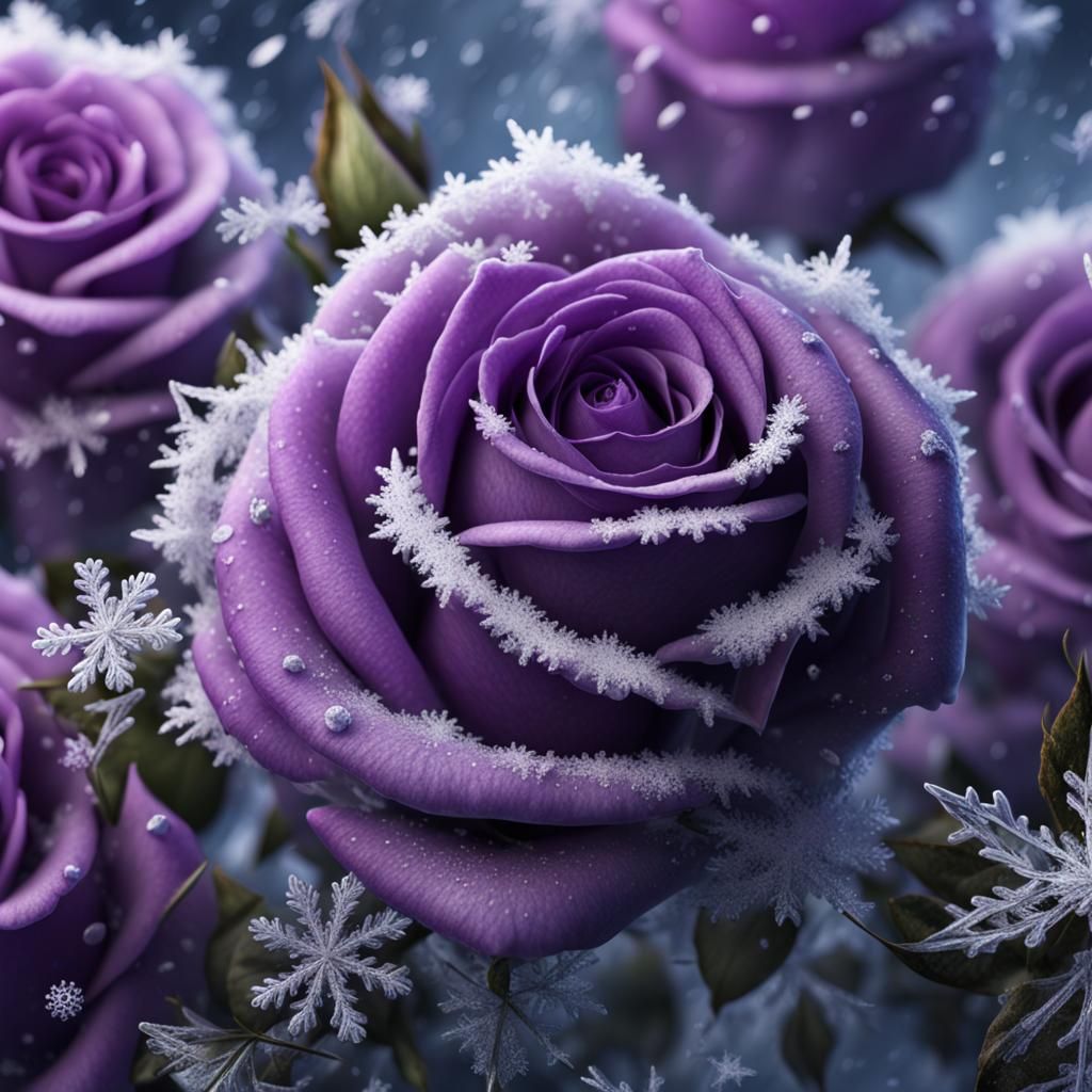 Hyper-Realistic Macro Violet Roses with Snowflakes